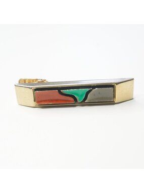 Vintage Anson Gold Tone Tie Clip Abstract Enamel Modernist Tie Bar Brown Green G